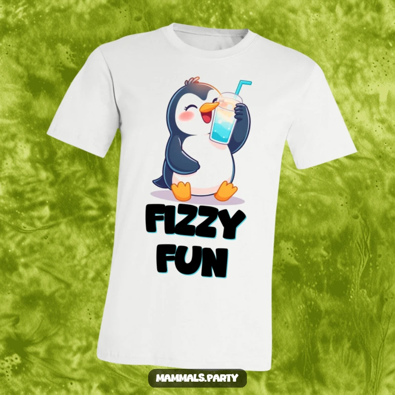 Funny t-shirt featuring a jubilant penguin raising a fizzy drink cup, embodying festive cheer and excitement.