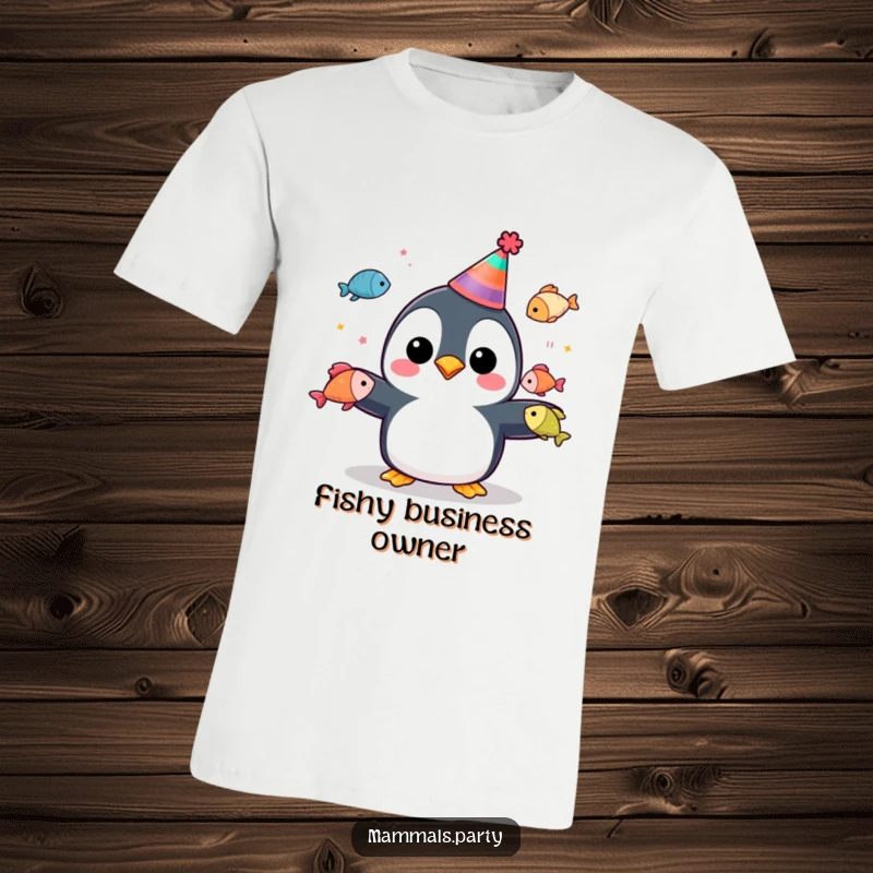 Funny penguin wearing a party hat, juggling colorful fish on a t-shirt, embodying festive joy.