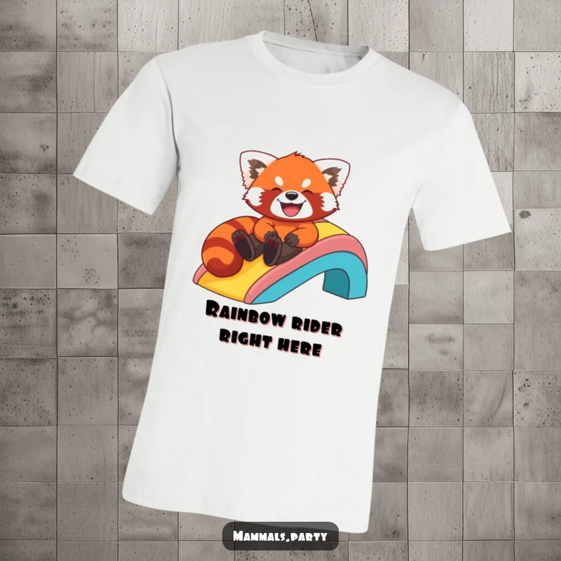 Funny t-shirt showcasing a red panda gleefully sliding down a rainbow with a mischievous grin, radiating pure fun.