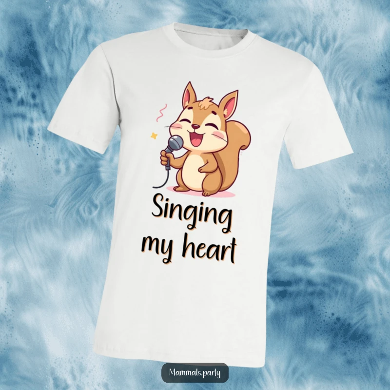 Funny squirrel wearing a tiny microphone, enthusiastically singing karaoke on a t-shirt, capturing the spirit of a lively performance.