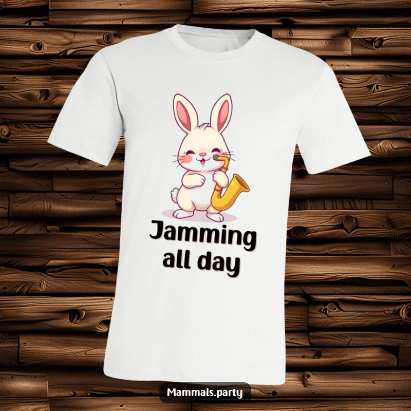 Funny t-shirt depicting a cheerful rabbit playing a tiny saxophone, exuding a cool, jazzy vibe and happy energy.