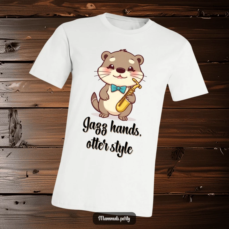 Funny Otter T-Shirt featuring a well-dressed otter playing a small saxophone with musical notes around it.