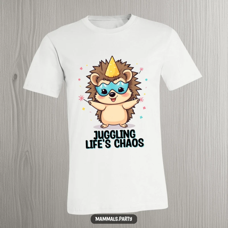 Funny delighted hedgehog t-shirt, wearing a party mask and juggling confetti poppers, a fun symbol of celebration.