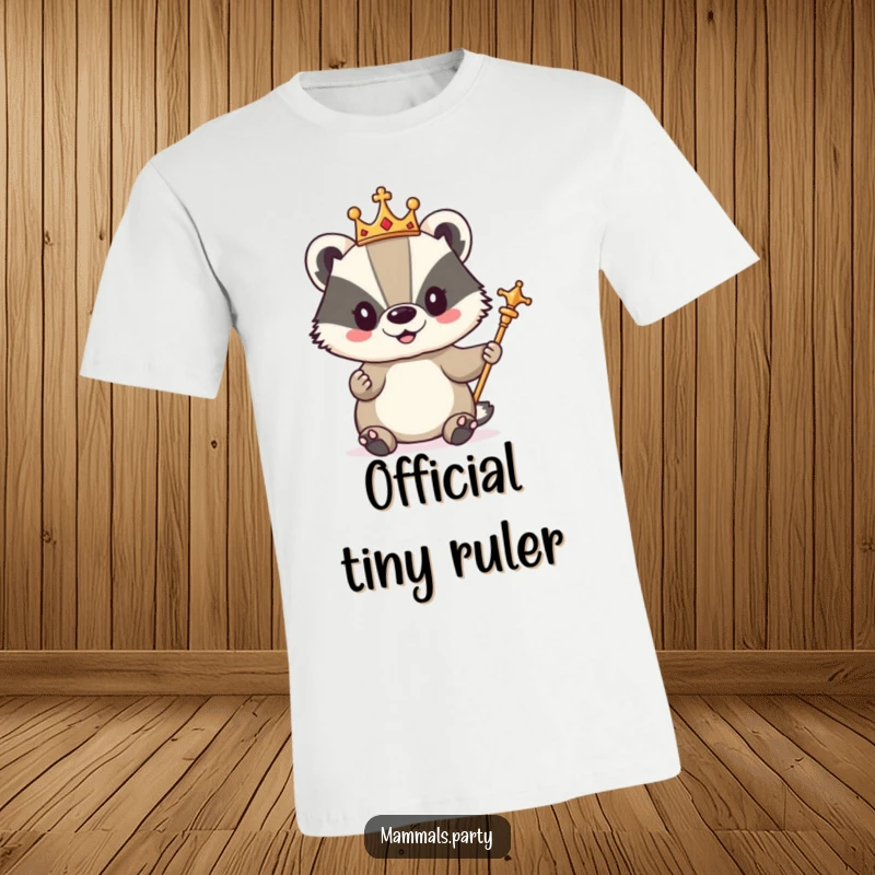 Funny t-shirt featuring a cute badger dressed as royalty, complete with a tiny crown and a scepter, exuding playful authority.