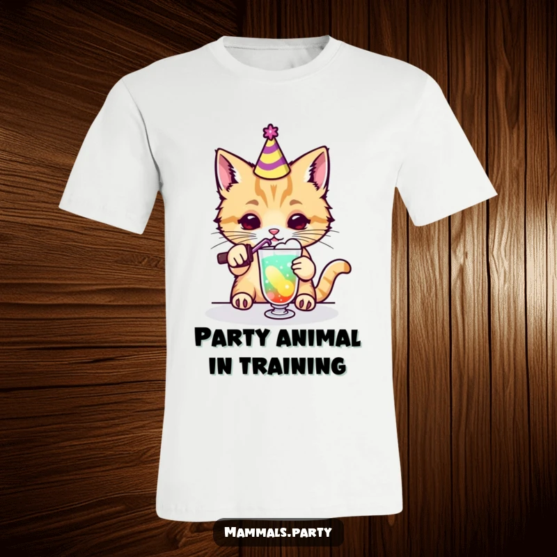 Funny kawaii cat wearing a party hat intensely mixing a colorful drink on a t-shirt, perfect for humorous and stylish wear.