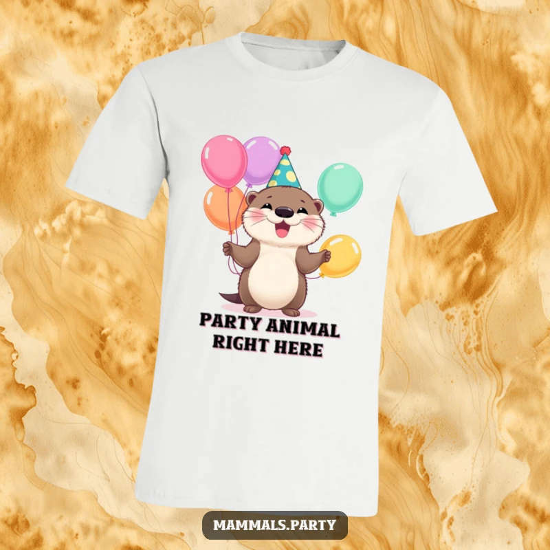 Funny Otter T-Shirt: A fluffy otter in a party hat happily juggles vibrant balloons, embodying pure celebratory fun.