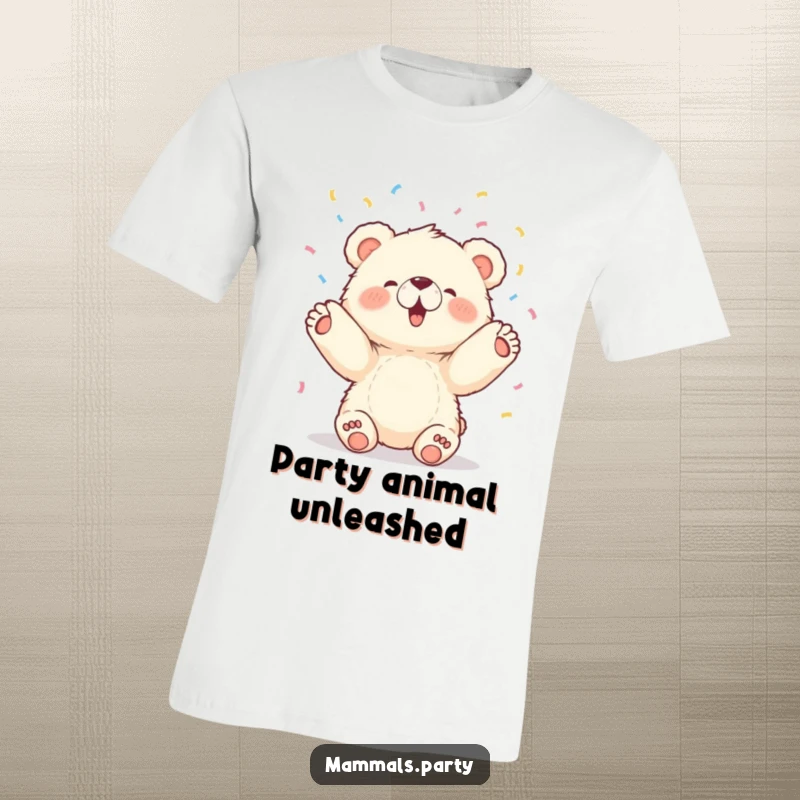 Funny t-shirt depicting a fluffy bear cub gleefully throwing confetti in the air with both paws, embodying pure celebration.
