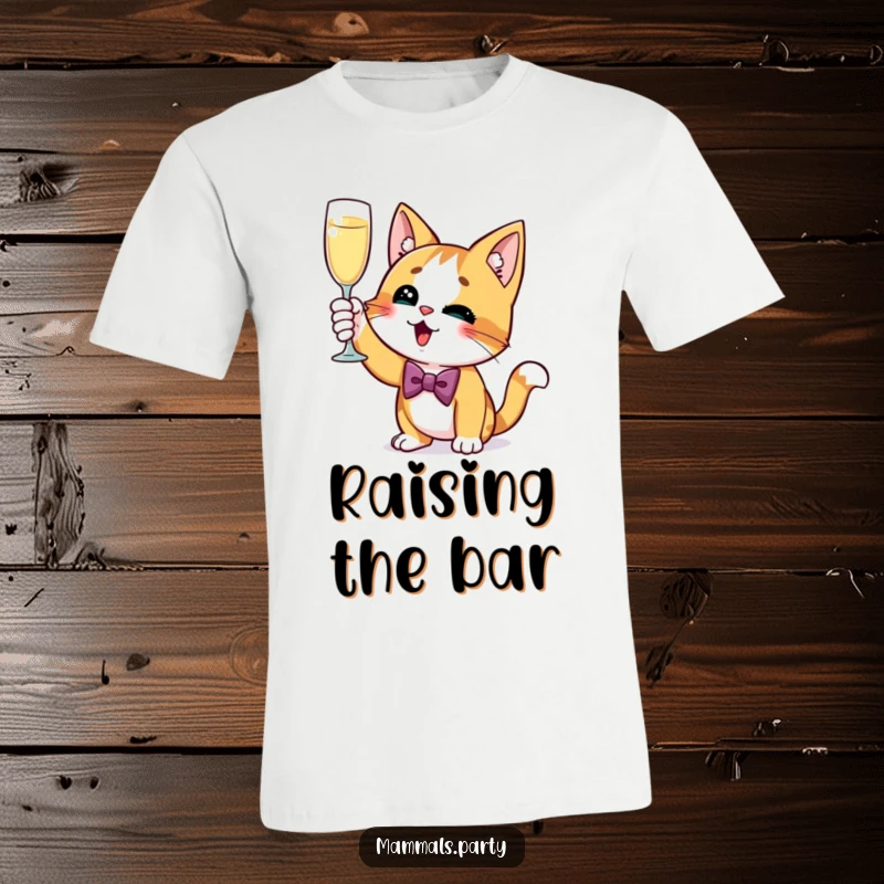 Funny Cat T-Shirt featuring a curious cat adorned with a bow tie, excitedly toasting with a champagne glass, embodying chic celebration.