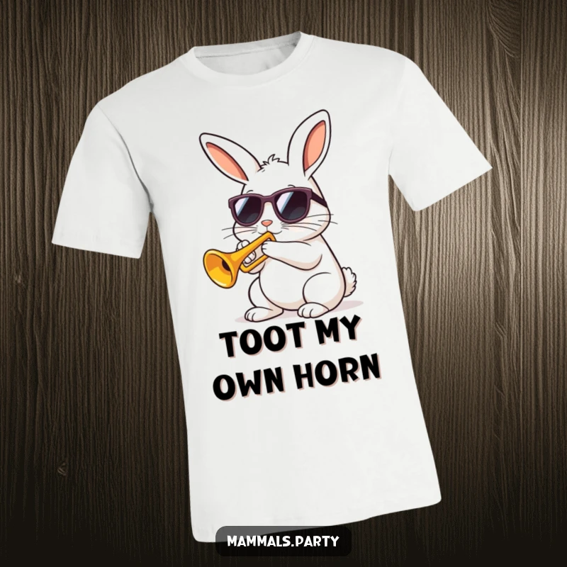 Funny kawaii rabbit in sunglasses playing a tiny trumpet enthusiastically on a t-shirt, showcasing musical talent with humor.