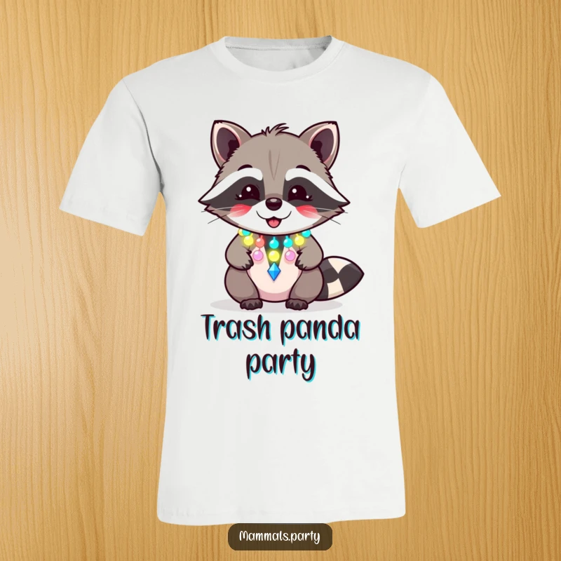 Funny raccoon t-shirt with a giggling character sporting a flashing party necklace, embodying playful mischief and celebration.