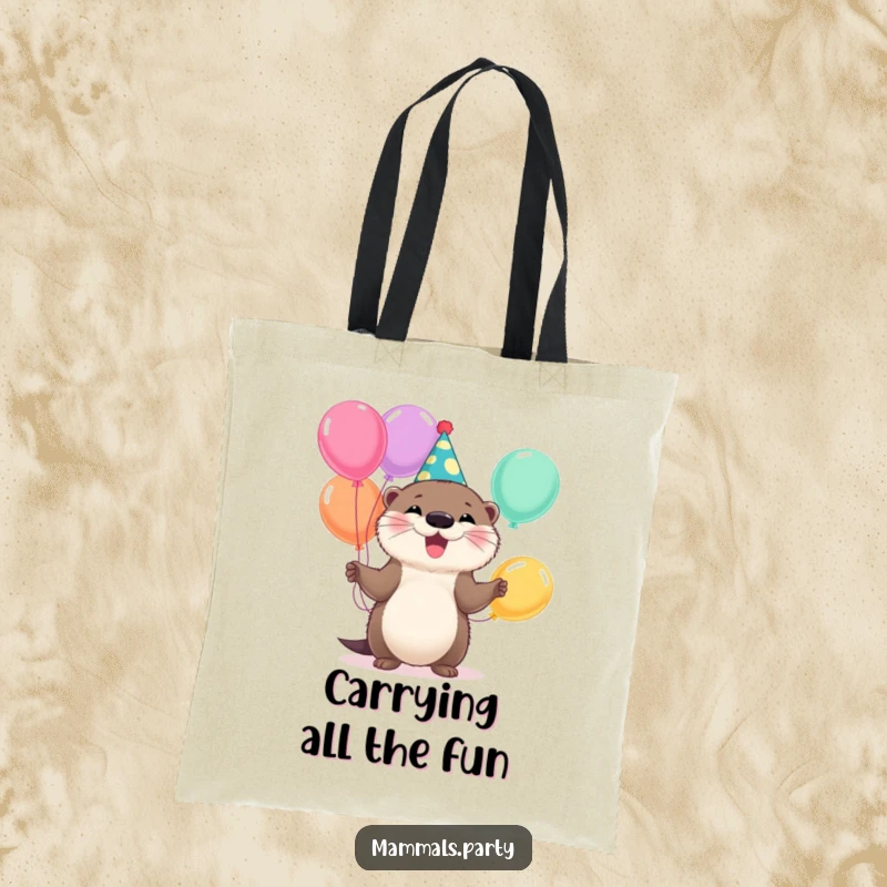 Funny Otter Tote Bag: A fluffy party otter juggles balloons, showcasing a joyful and whimsical design for everyday use.