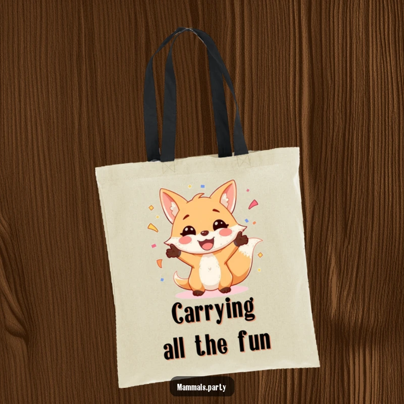 Funny Fox Tote Bag: A smiling fox juggles a vibrant stream of confetti, bringing a touch of playful celebration to this chic accessory.