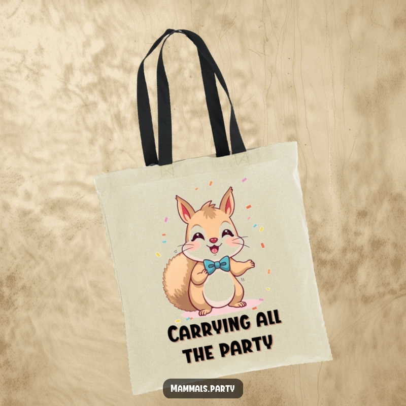Funny Kawaii Squirrel with a bow tie, scattering confetti, a delightful and practical tote bag for all your needs.
