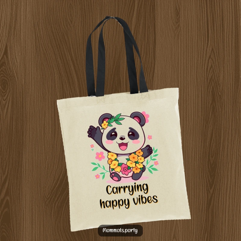 Funny Panda Tote Bag: A kawaii panda wearing a festive lei, perfectly blending fun and practicality for everyday use.