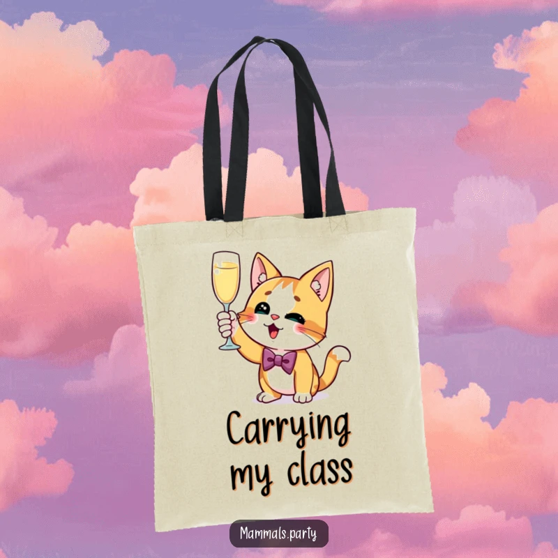 Funny Cat Tote Bag featuring a curious cat in a bow tie, excitedly raising a champagne glass, ready for any sophisticated occasion.