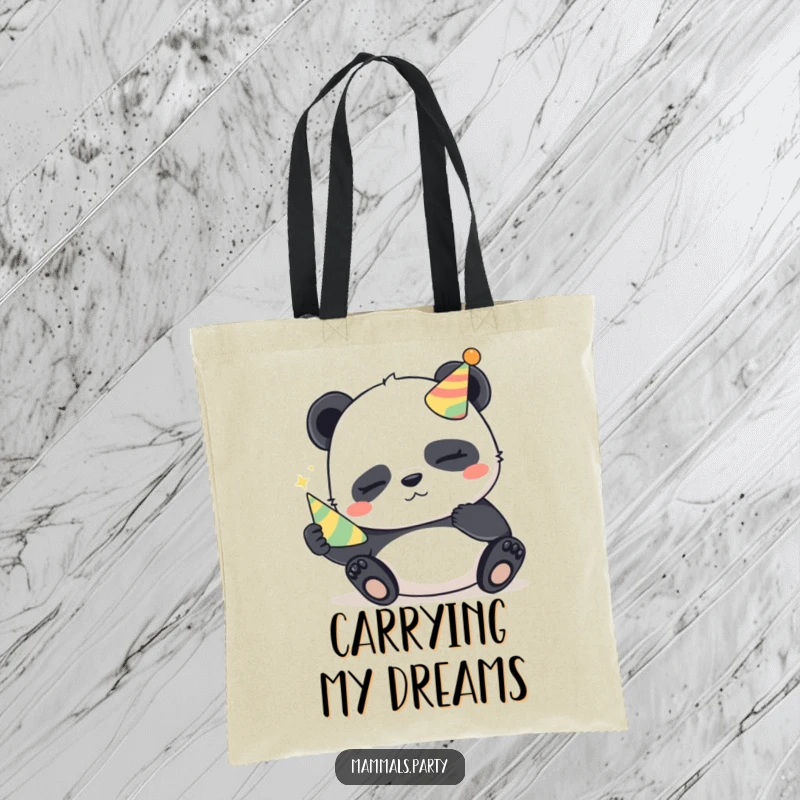Funny Panda Tote Bag: A sleepy panda with a mischievous glint holds a party horn, perfect for carrying essentials with playful style.