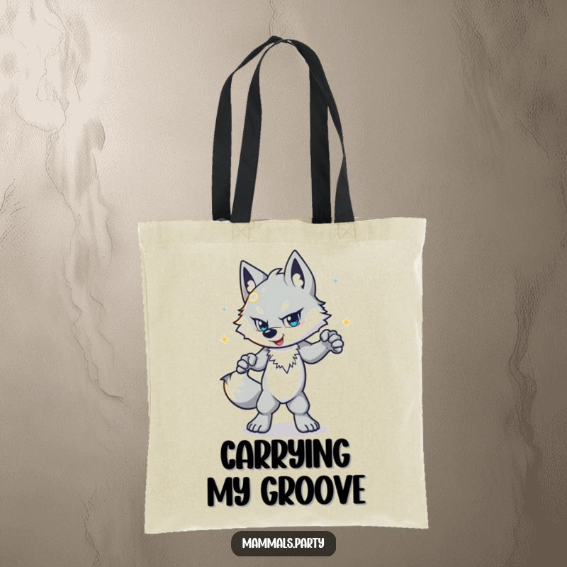 Funny wolf tote bag showing a determined character disco dancing with a shiny ball, perfect for carrying party essentials.