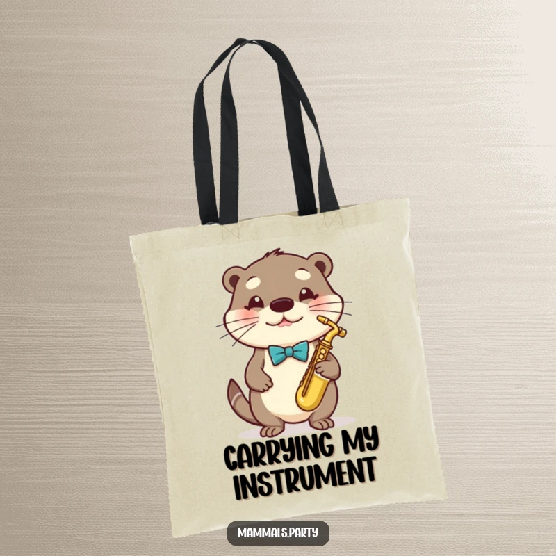 Funny Otter Tote Bag depicting a dapper otter playing a tiny saxophone, perfect for everyday use.