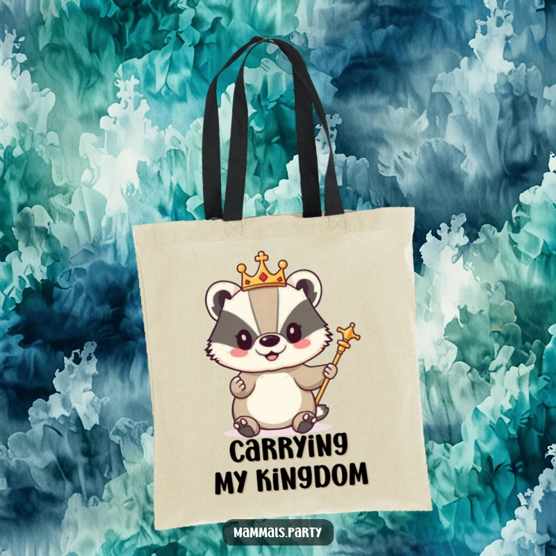 Funny tote bag featuring a cute badger wearing a tiny crown and holding a scepter, ready to take on the world.