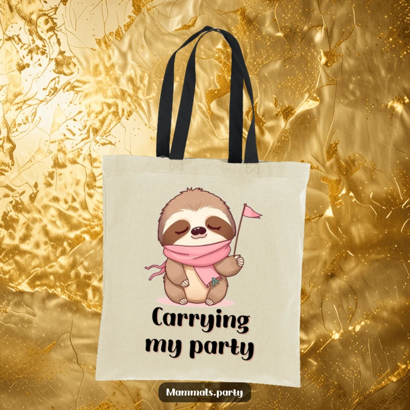 Funny tote bag showcasing a sleepy sloth in a party streamer scarf, waving a small flag, perfect for casual use.