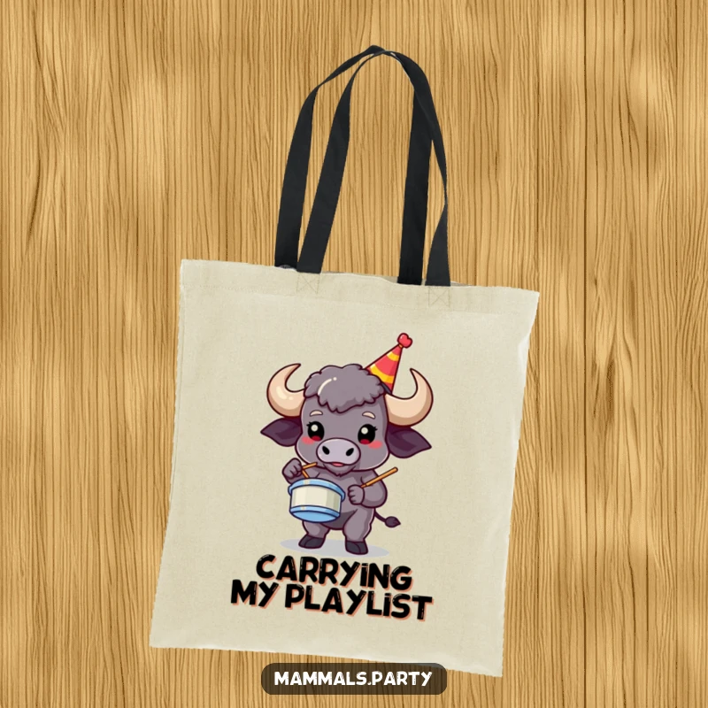Funny buffalo playing air drums with a party hat on, showcased on a humorous and practical tote bag.