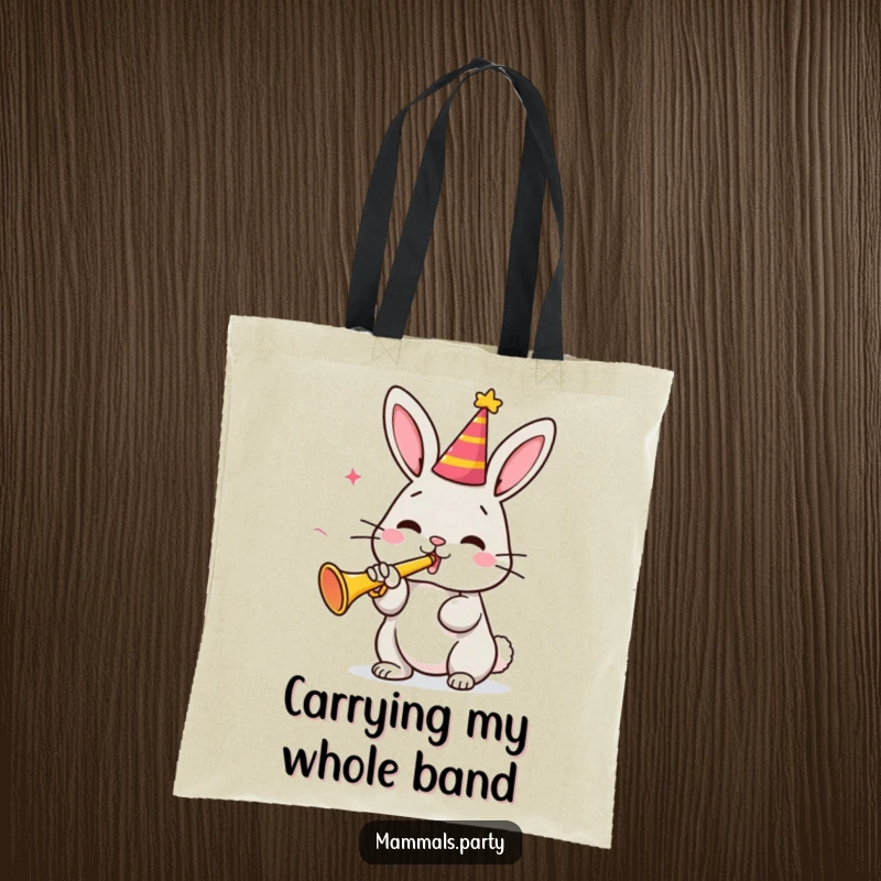 Funny bunny character in a party hat blowing a tiny trumpet on a tote bag, ideal for carrying essentials with a dose of humor.
