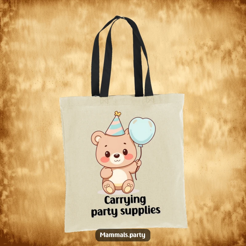 Funny tote bag illustrating a cute bear cub in a party hat, holding a balloon, perfect for carrying party supplies with flair.