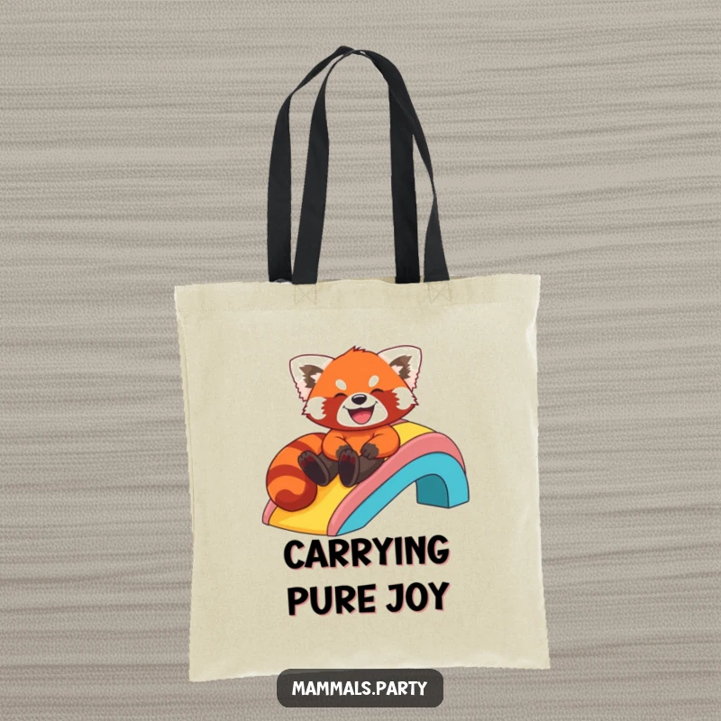 Funny tote bag depicting a happy red panda sliding down a rainbow, perfect for groceries or everyday adventures.