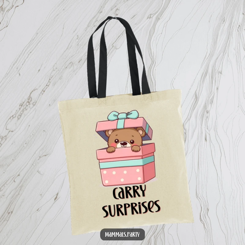 Funny tote bag with a curious bear cub peeking out from a giant gift box, ready to explore.