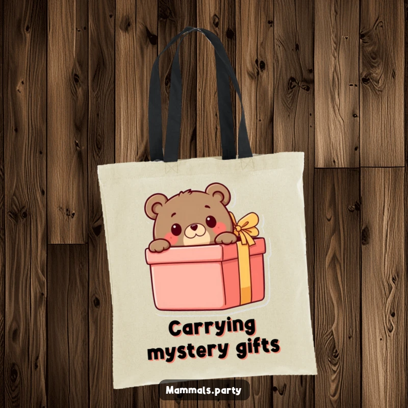 Funny Bear Tote Bag: A curious bear peeks from behind a giant gift box, adding a touch of playful mystery and charm to this accessory.