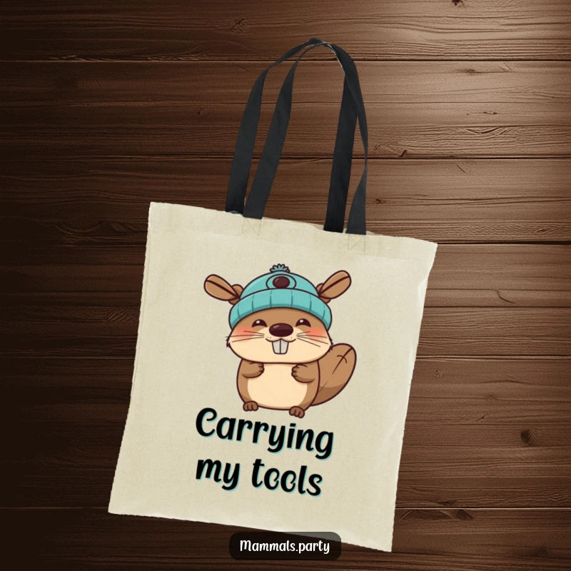Funny beaver tote bag showing a joyous character wearing a propeller beanie, perfect for carrying daily essentials with a smile.