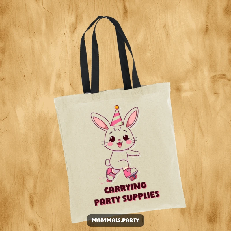 Funny Bunny Tote Bag: A festive bunny wearing a party hat skates dynamically on roller skates, capturing a moment of pure, uninhibited celebration.