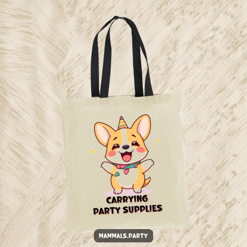 Funny giggling corgi tote bag, wearing festive attire and performing a silly dance, ready for fun outings.