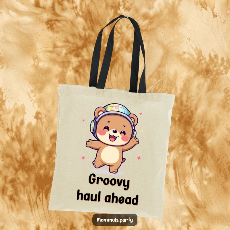 Happy bear wearing a disco ball helmet, dancing energetically on a tote bag, ready for any outing.