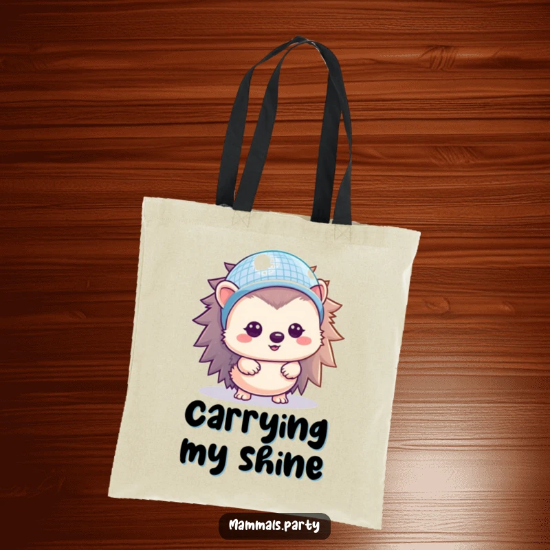 Funny Hedgehog Tote Bag: A kawaii hedgehog with a shiny disco ball helmet, ready to party and carry your essentials.