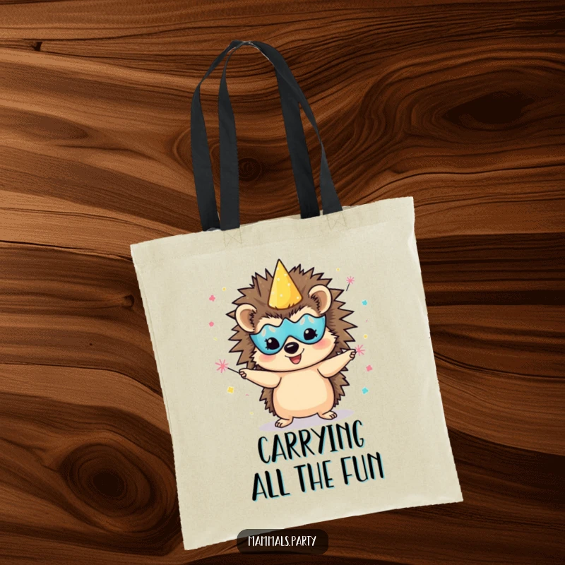 Funny delighted hedgehog tote bag, wearing a party mask and juggling confetti poppers, ready for festive outings.