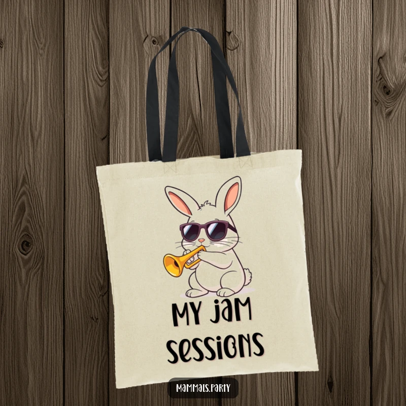 Funny kawaii rabbit in sunglasses playing a tiny trumpet with gusto on a tote bag, a humorous music accessory.