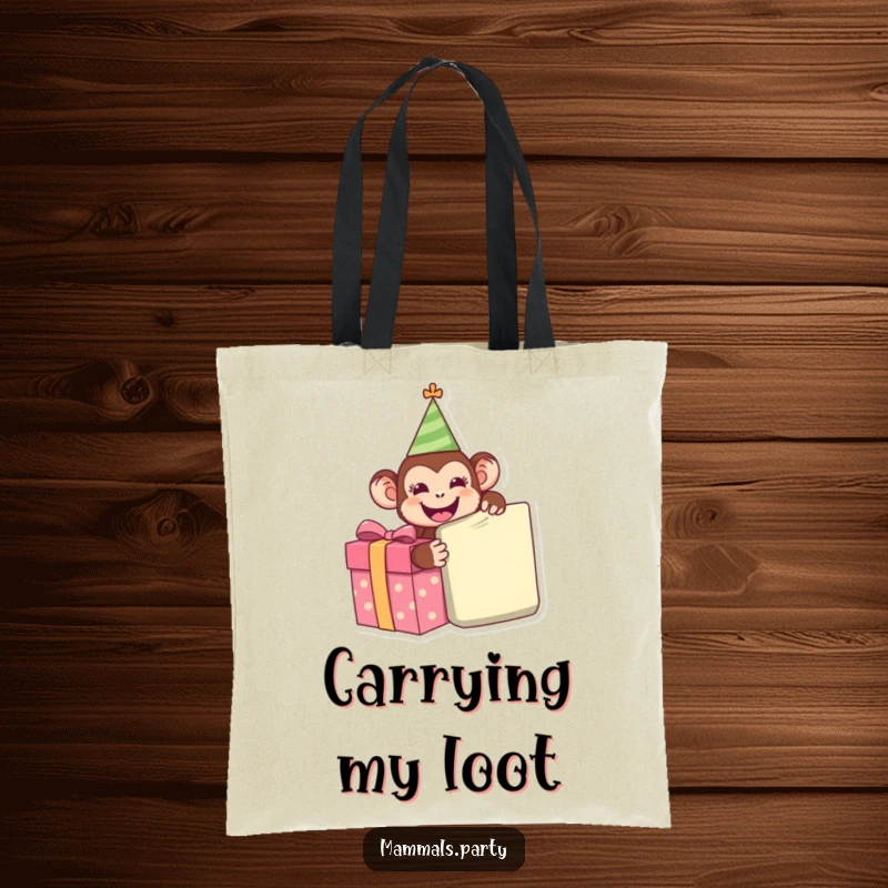 Funny Monkey Tote Bag featuring a happy monkey in a party hat, eagerly unwrapping a giant present, ready for any celebration.