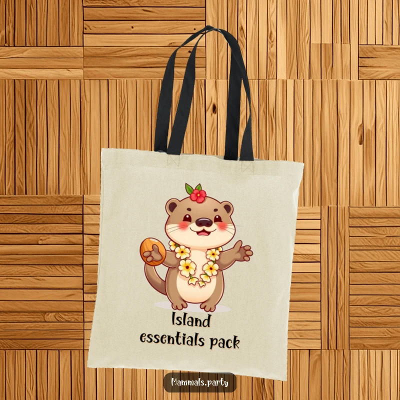 Funny tote bag with a playful otter wearing a lei, juggling coconuts, perfect for carrying essentials with a fun tropical theme.