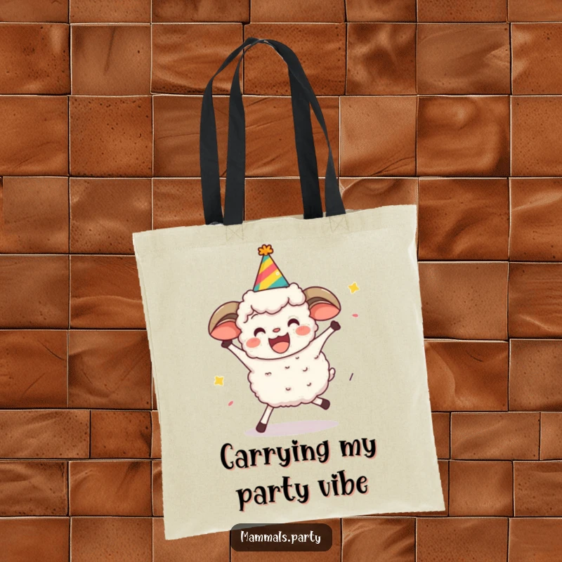 Funny sheep character in a party hat limbo dancing energetically, printed on a humorous, functional tote bag.