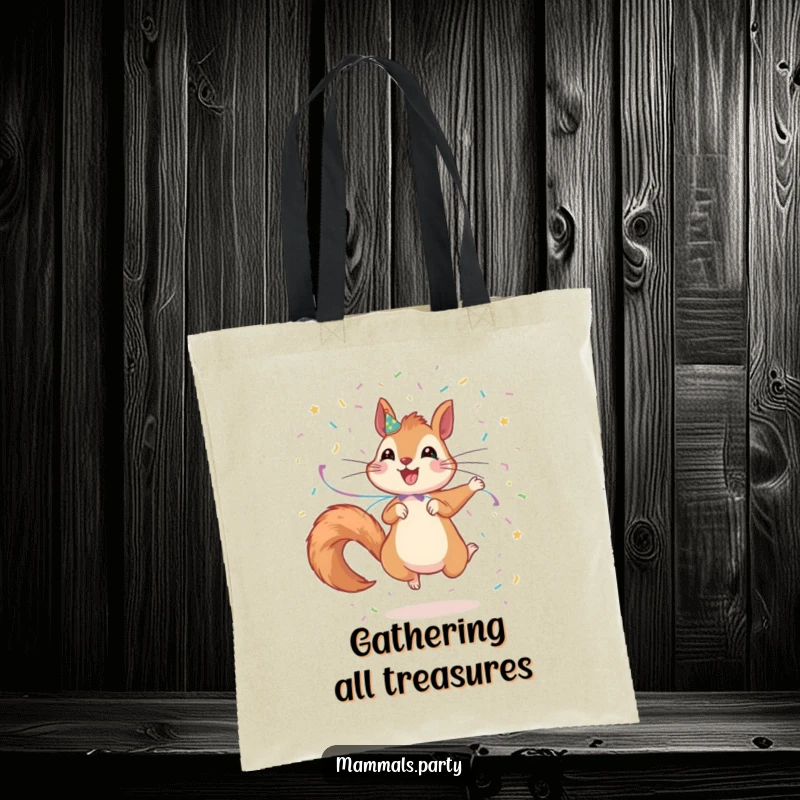Funny Squirrel Tote Bag: An excited squirrel with streamers jumps and scatters confetti, making it a fun and practical carry-all.