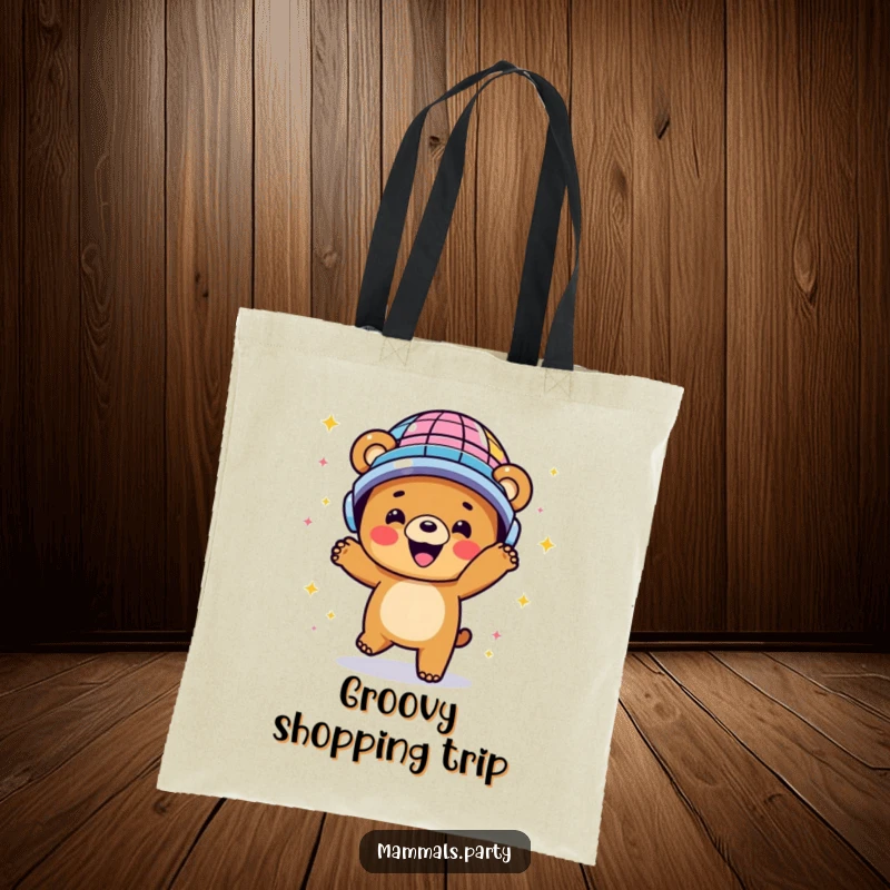 Funny tote bag with a happy bear dancing energetically in a disco ball helmet, perfect for carrying fun items.