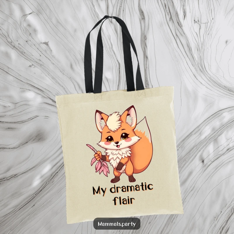 Funny kawaii fox wearing a feather boa striking a dramatic pose on a tote bag, a humorous and stylish accessory.