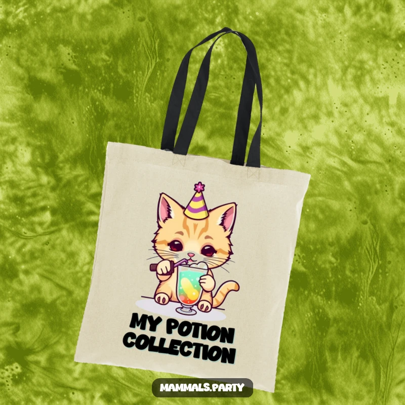 Funny kawaii cat wearing a party hat mixing a colorful drink on a tote bag, a humorous and functional accessory.