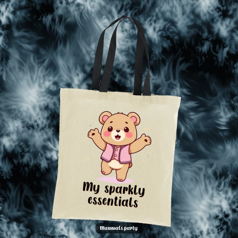 Funny kawaii bear wearing a sparkly vest dancing with abandon on a tote bag, a humorous and functional accessory.