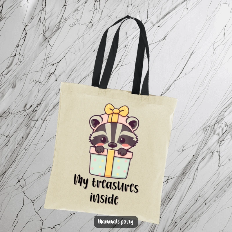 Funny tote bag with a playful badger peeking out from an overflowing gift box, ready for adventure.