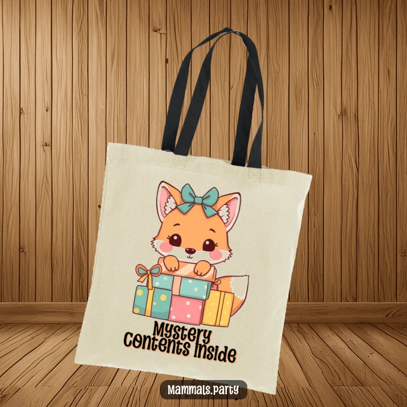 Funny Fox Tote Bag: A playful fox peeks from behind wrapped presents, perfect for carrying essentials with a touch of fun.
