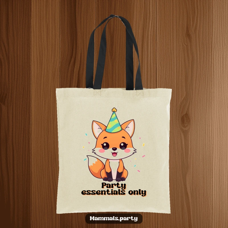 Funny tote bag featuring a happy fox in a party hat with confetti, ready to bring the fun to any occasion.